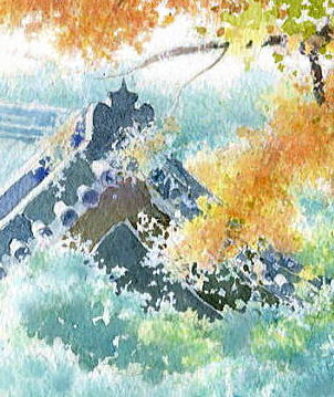 水彩画テラス】 鎌倉の風景「秋空に」円覚寺